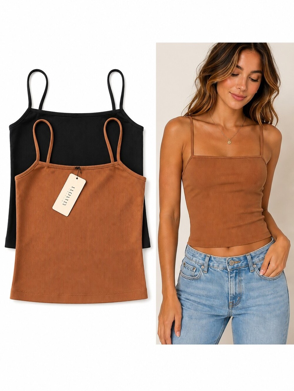 Ekouaer Black & Brown Ribbed Square-Neck Crop Cami Set